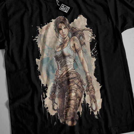 a t - shirt with a picture of a woman holding a gun