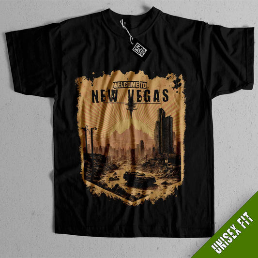 a black t - shirt with a picture of a city in the background