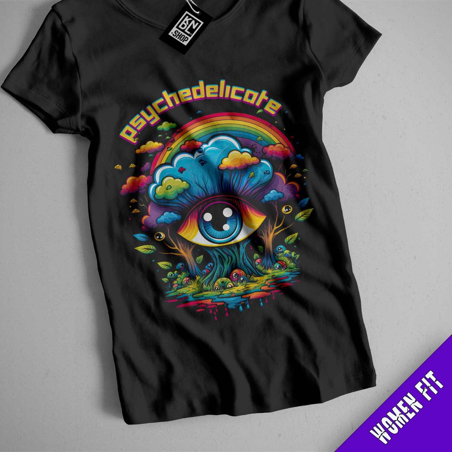 a black t - shirt with a psychedelic eye on it