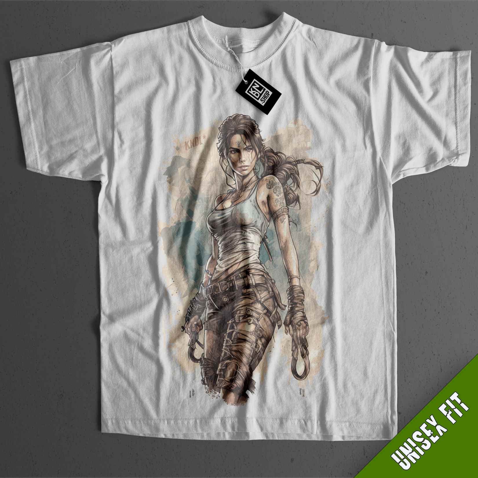a white t - shirt with a drawing of a woman holding a gun