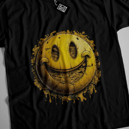 a t - shirt with a smiley face painted on it
