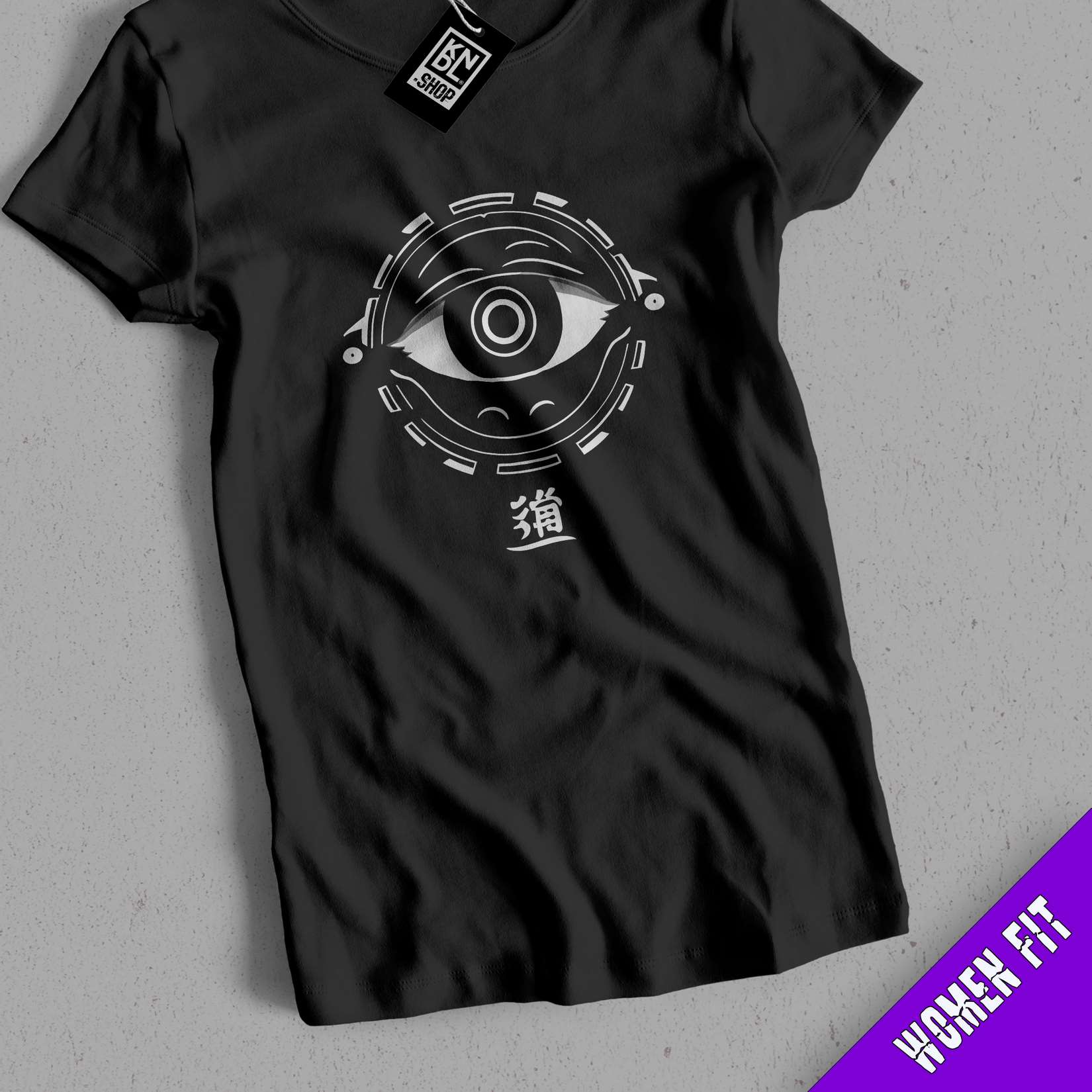 a black t - shirt with an eye on it