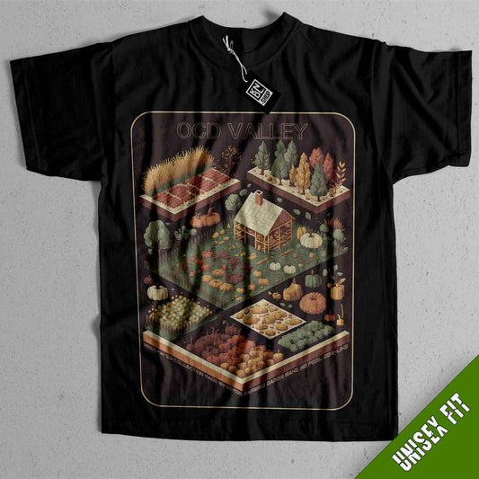 a black shirt with a picture of a garden