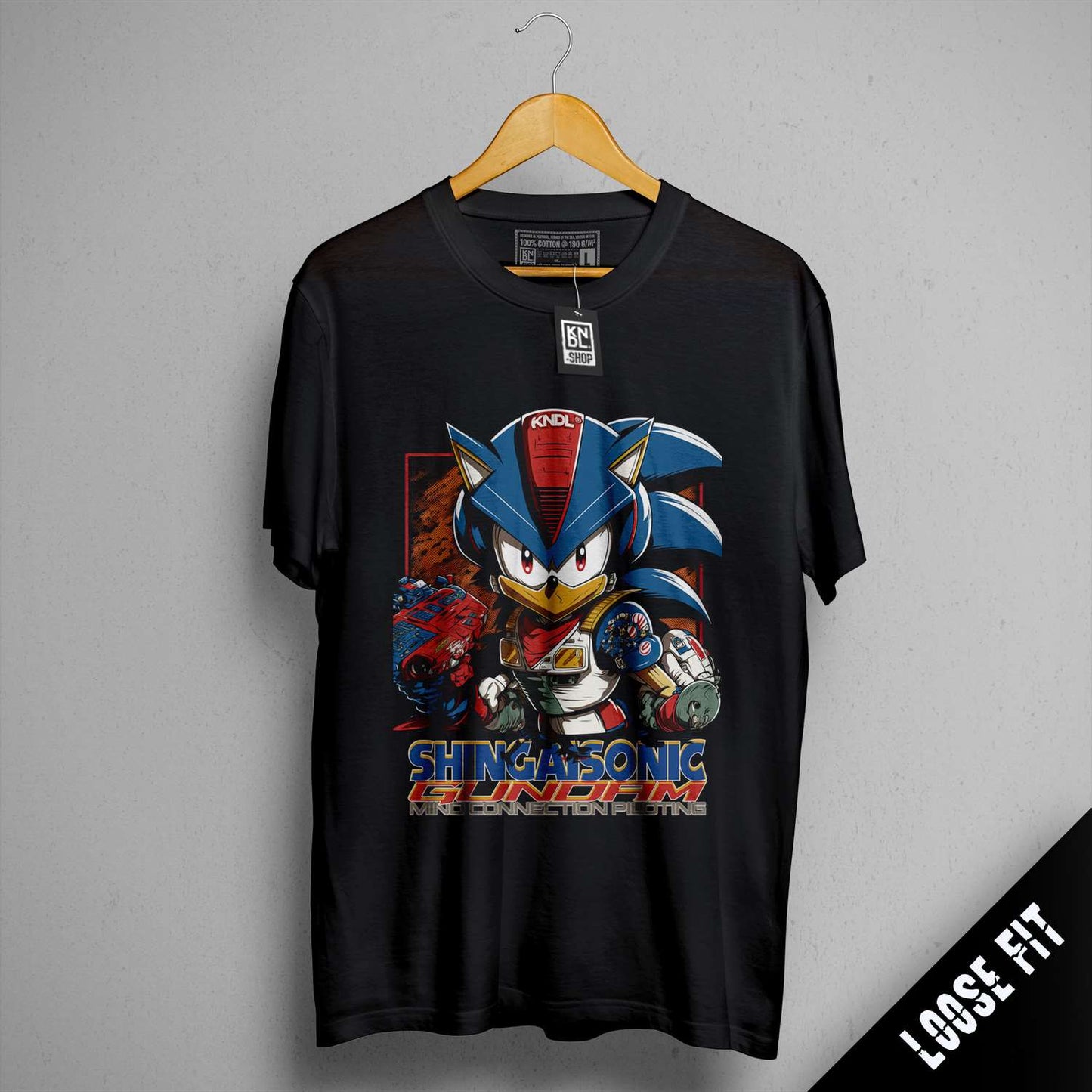 a black t - shirt with an image of sonic the hedgehog on it
