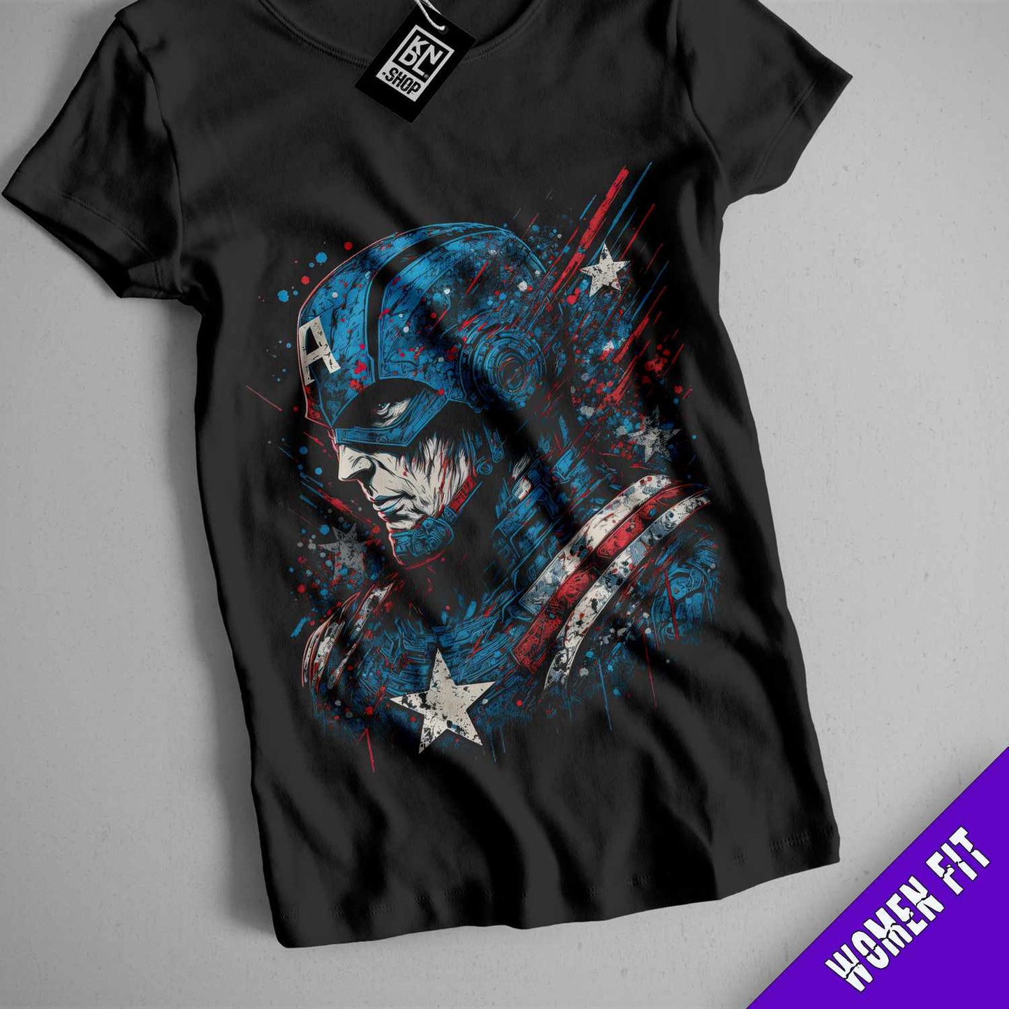 a black shirt with a captain america graphic on it