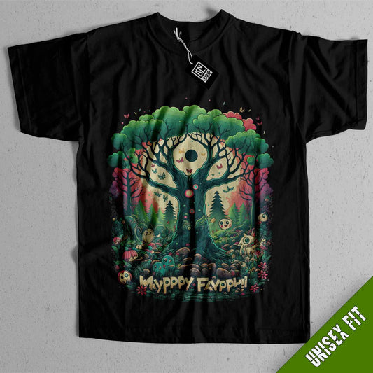 a black t - shirt with an image of a tree in the middle of it