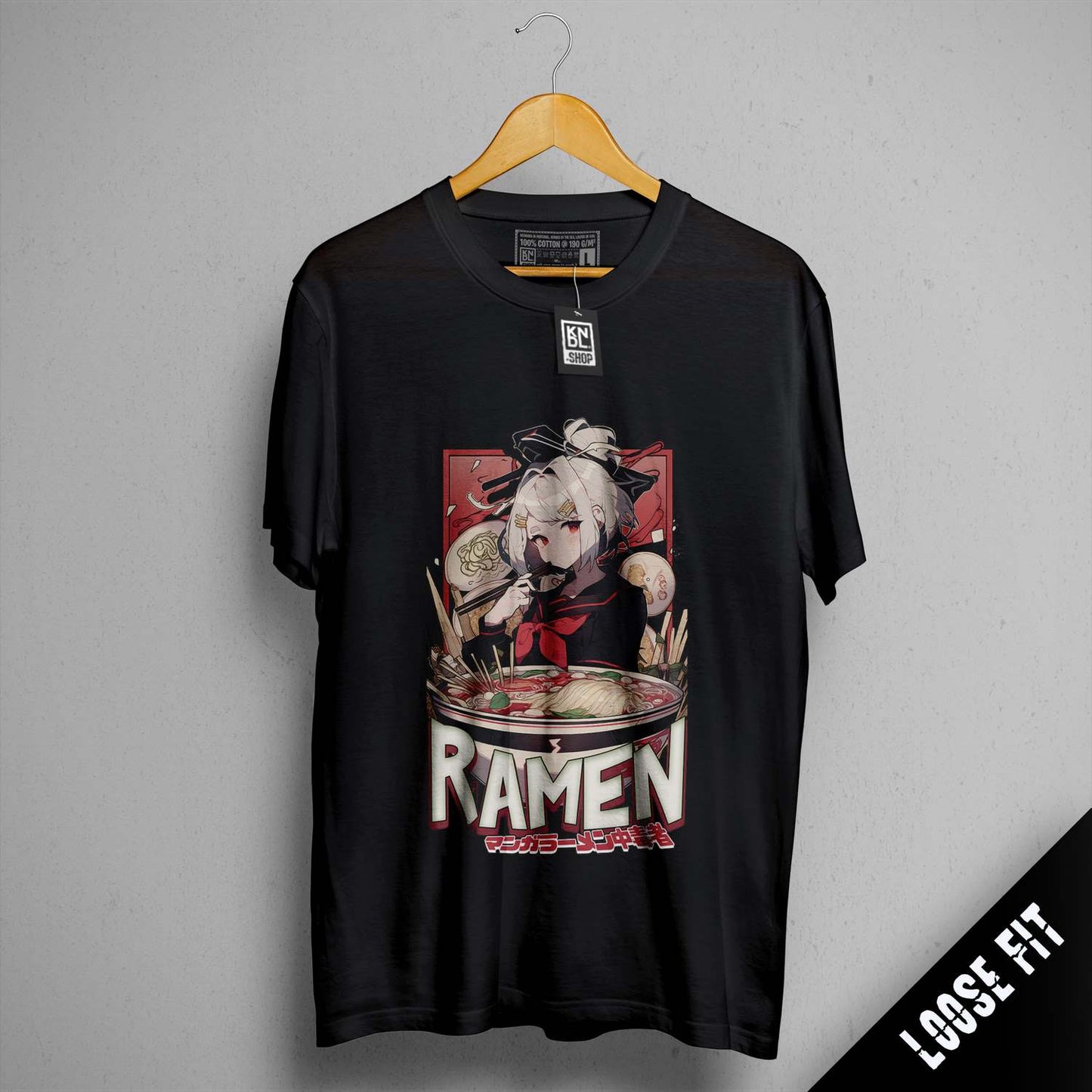 a black shirt with a picture of a ramen in a bowl