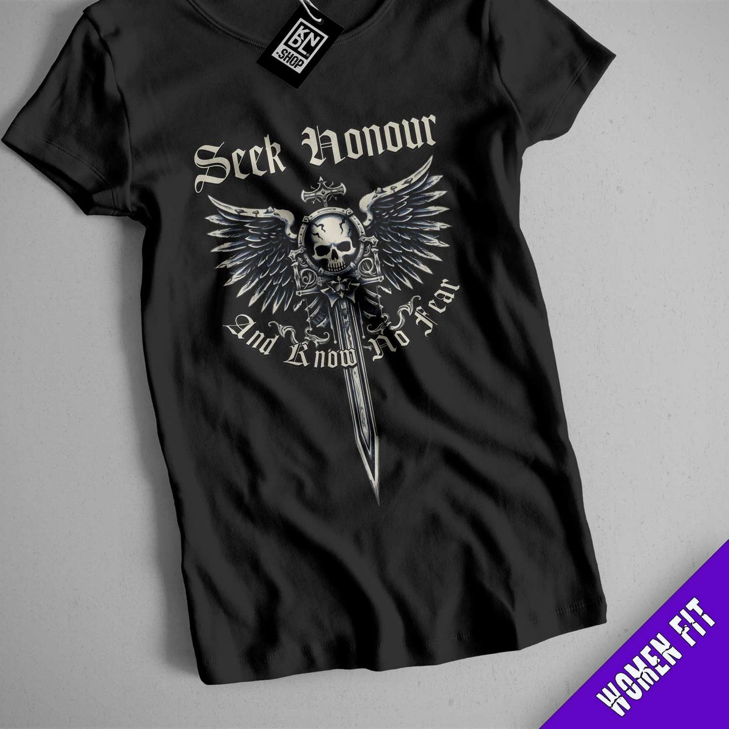 a black shirt with a skull and sword on it