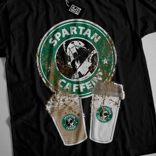 a black shirt with a starbucks logo and two cups of coffee