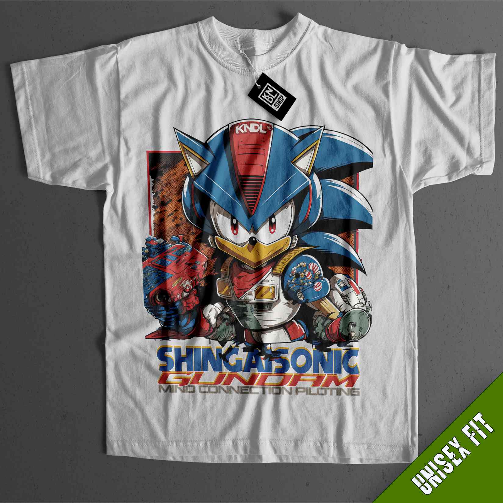 a white shirt with an image of a sonic character on it
