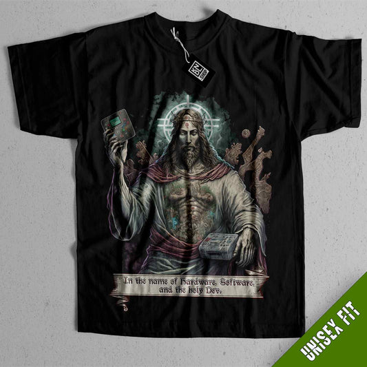 a black t - shirt with a picture of jesus on it
