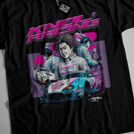 a black t - shirt with a picture of a man driving a race car