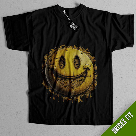 a black t - shirt with a smiley face drawn on it