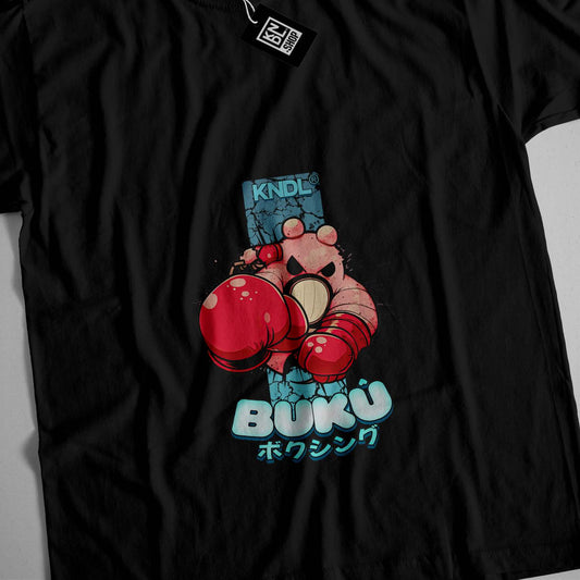 a black t - shirt with an image of a punching bear