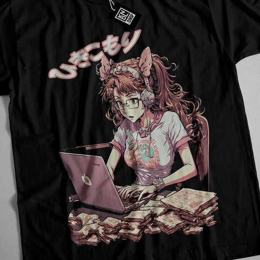 a t - shirt with a picture of a girl using a laptop