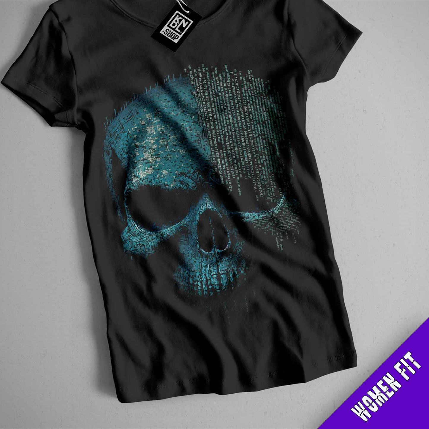 a black shirt with a blue skull on it