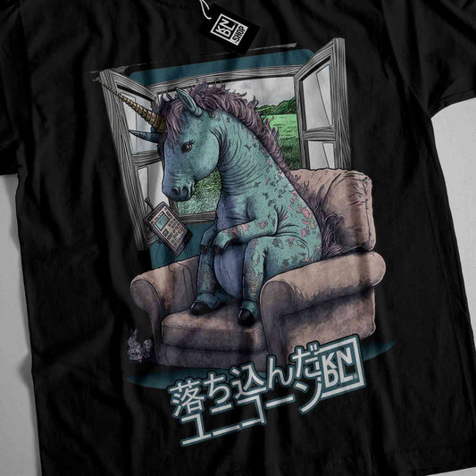 a t - shirt with a picture of a unicorn sitting on a couch