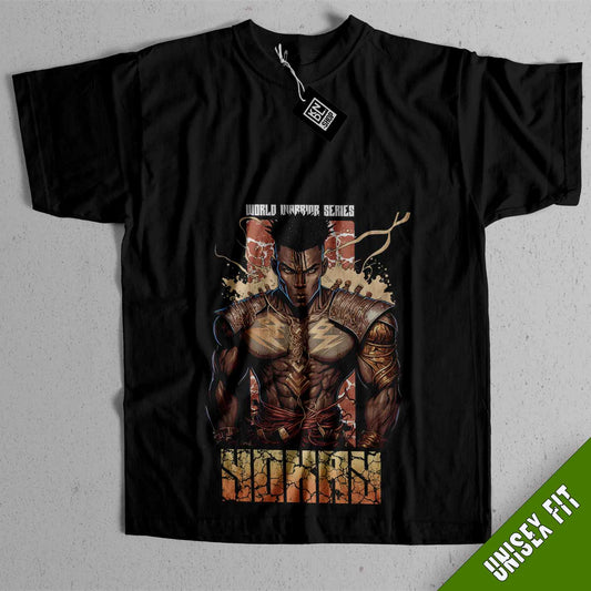 a black t - shirt with a picture of two wrestlers on it