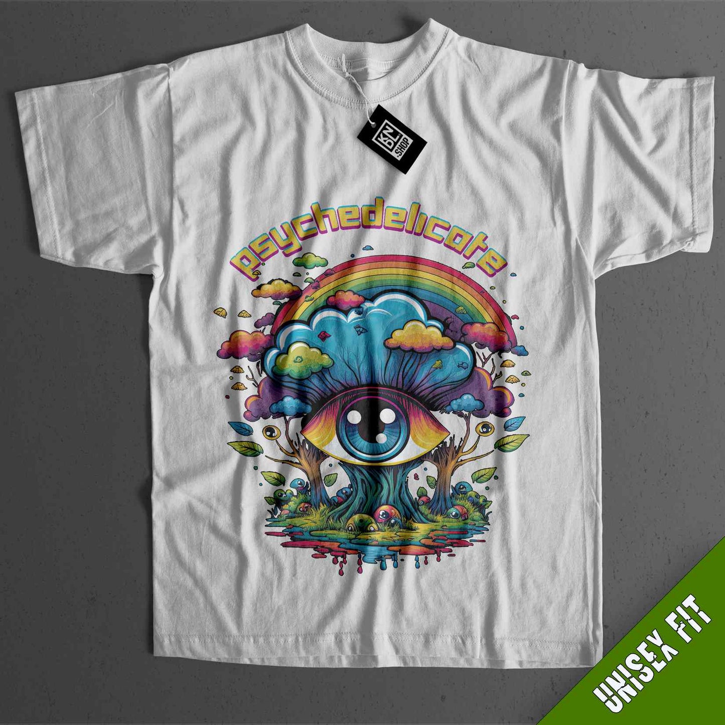 a white t - shirt with an image of an eye on it