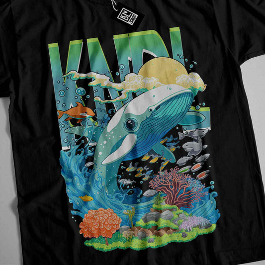 a black shirt with a picture of a whale and fish