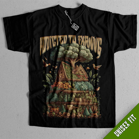 a black t - shirt with an image of a house and trees