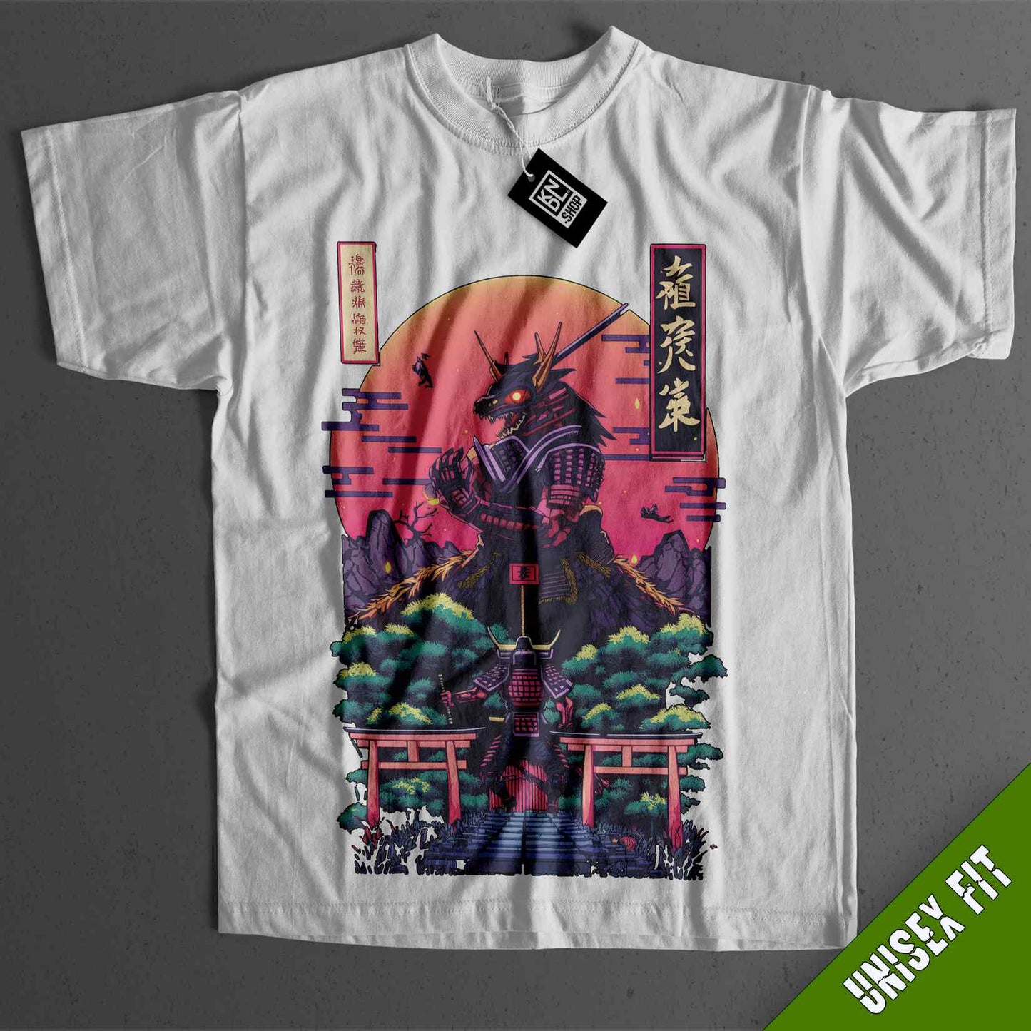 a white t - shirt with an image of a godzilla on it