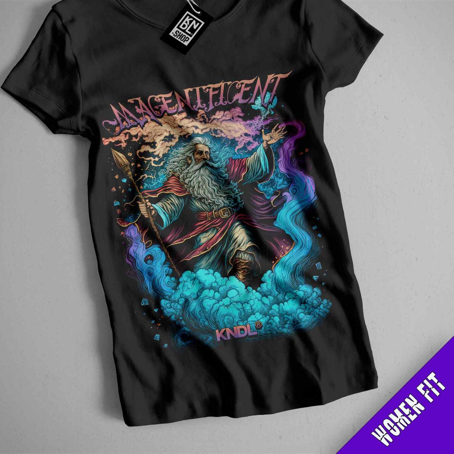 a black t - shirt with an image of a wizard on it