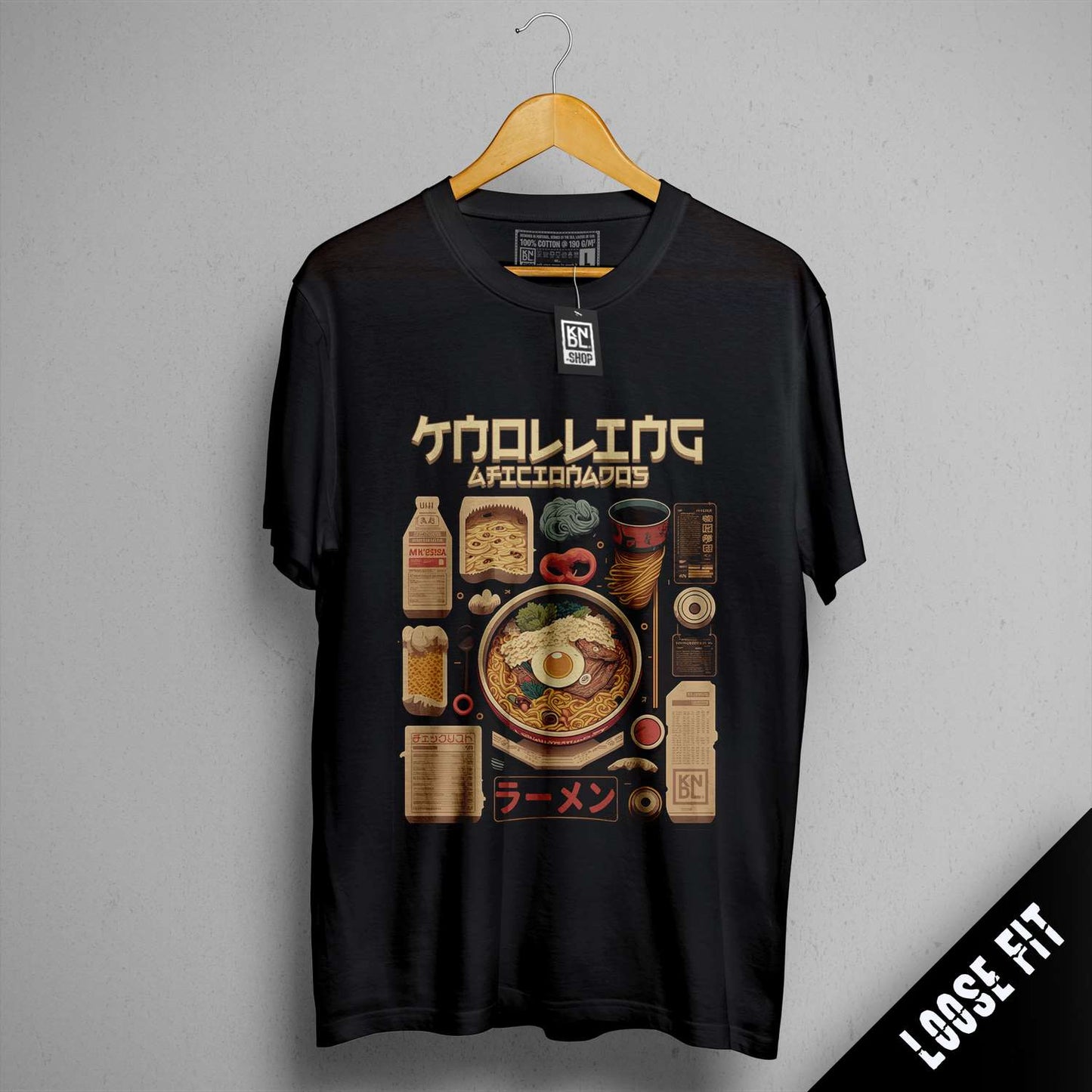 a black t - shirt with a picture of a bowl of food and a bottle