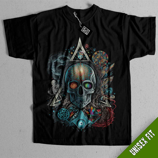 a t - shirt with a skull and a triangle on it