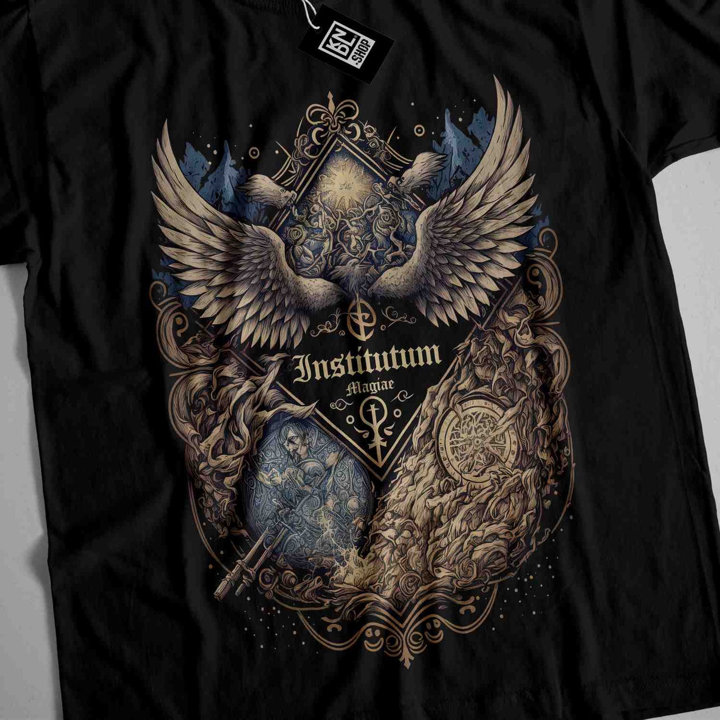 a black t - shirt with an image of two winged birds