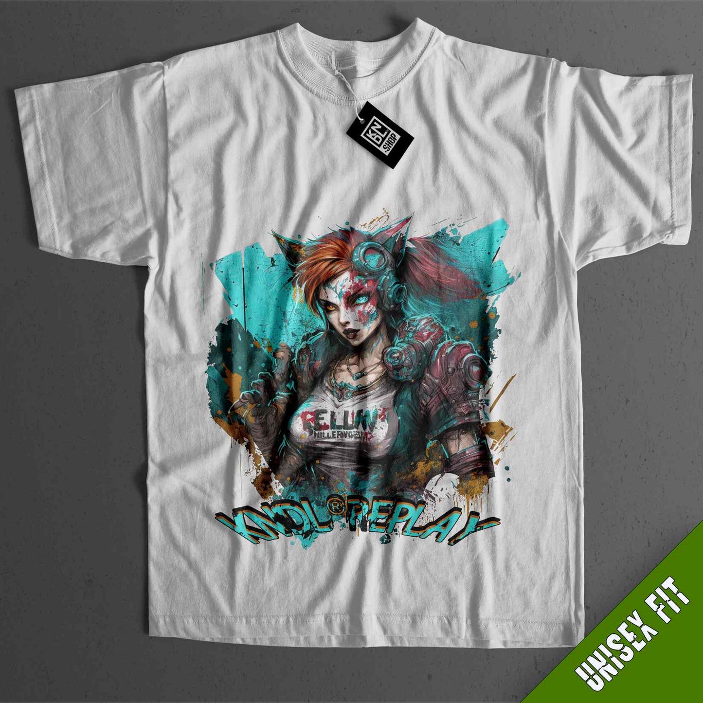 a white t - shirt with a picture of a girl with red hair