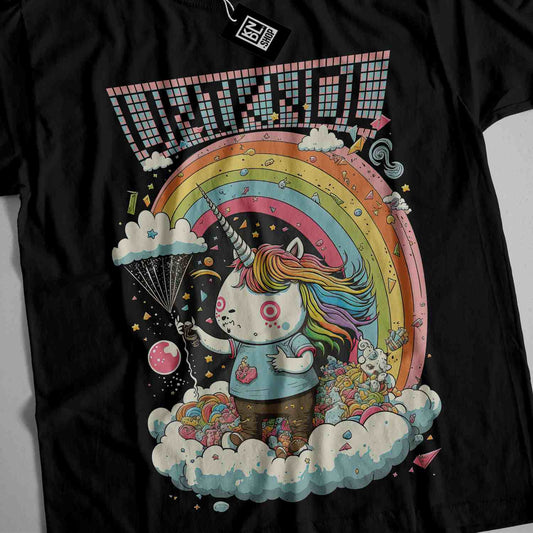 a black t - shirt with a picture of a unicorn on it