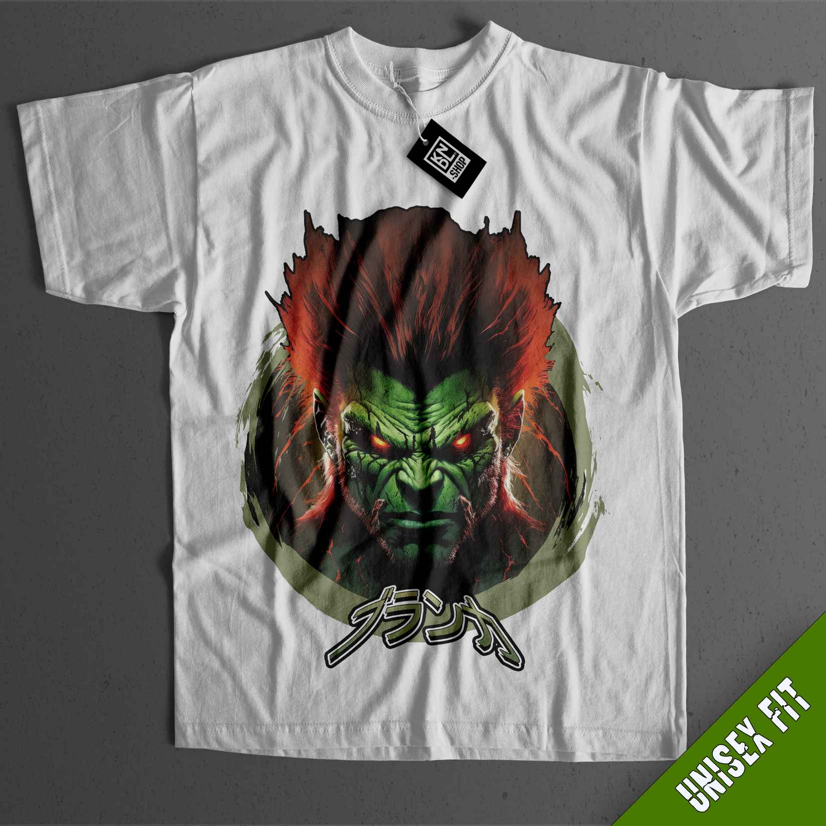 a white t - shirt with an image of a demon on it