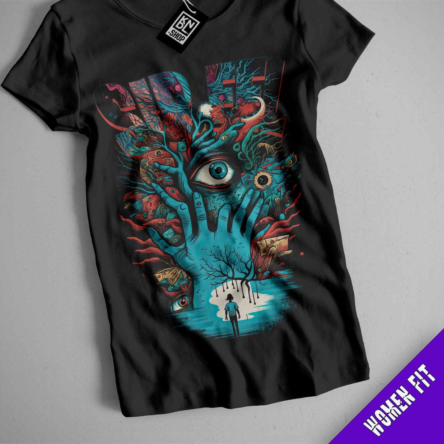 a t - shirt with an image of a hand holding a human eye