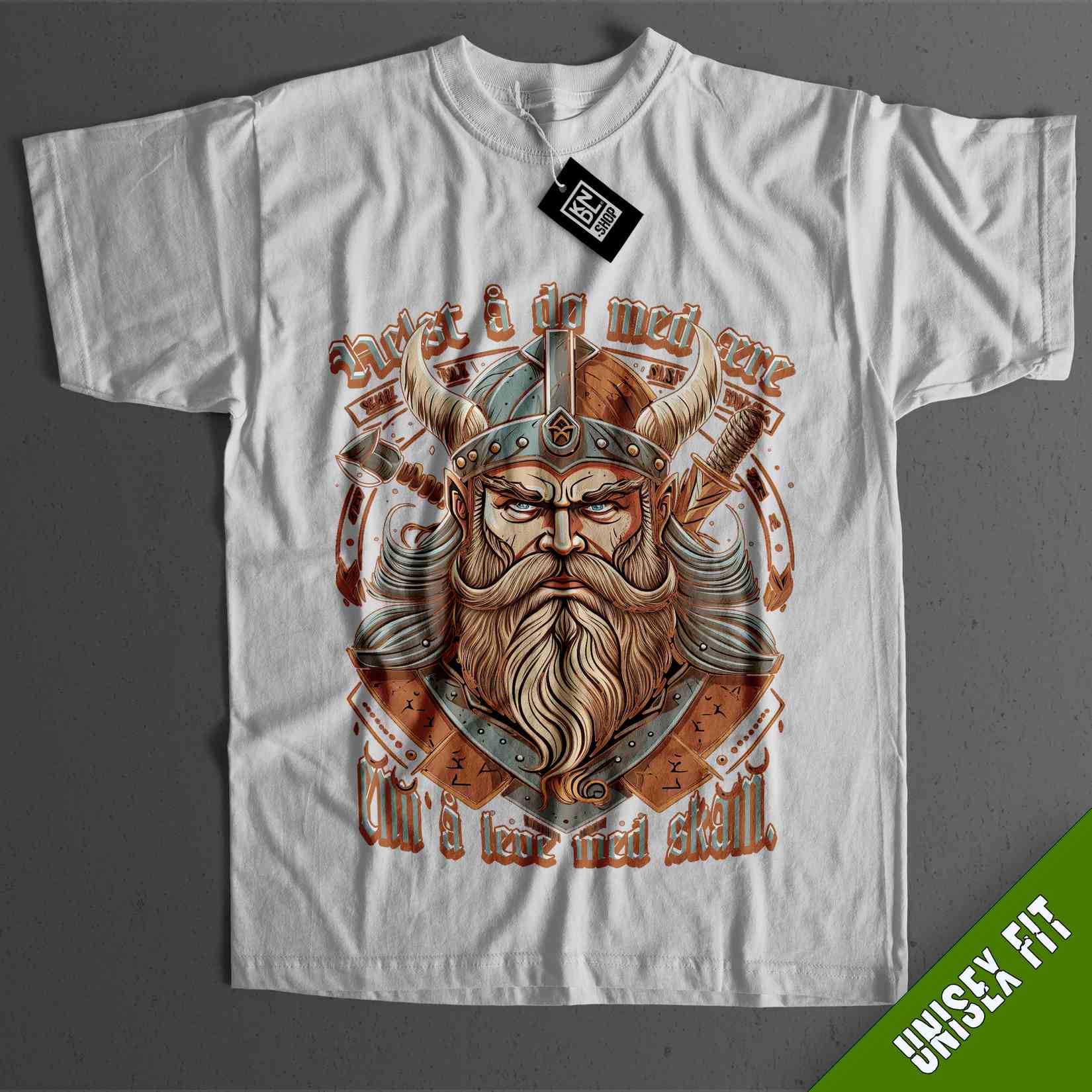 a white t - shirt with an image of a viking