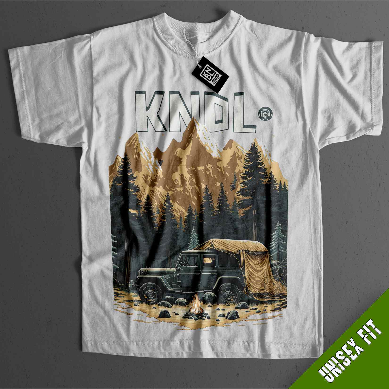 a white t - shirt with an image of a jeep in the mountains