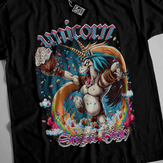 a black t - shirt with an image of a unicorn holding a cupcake