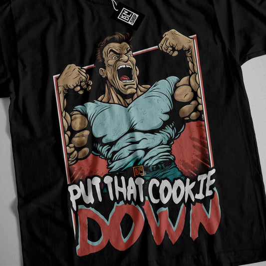 a t - shirt with a picture of a man doing a pull that cookie down
