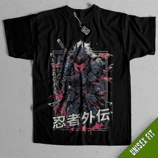 a black t - shirt with a picture of a man holding a sword