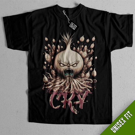 a black t - shirt with an image of an onion on it