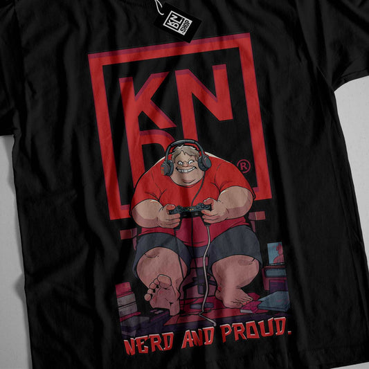a black t - shirt with a picture of a fat man holding a controller