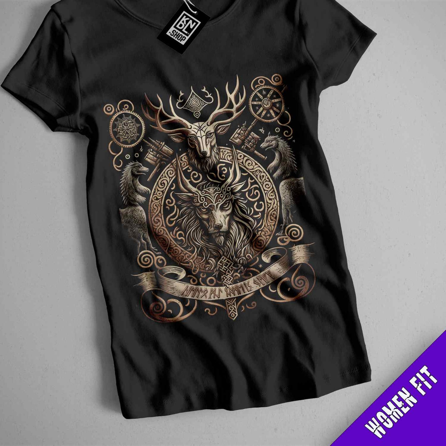a t - shirt with a deer and a banner on it