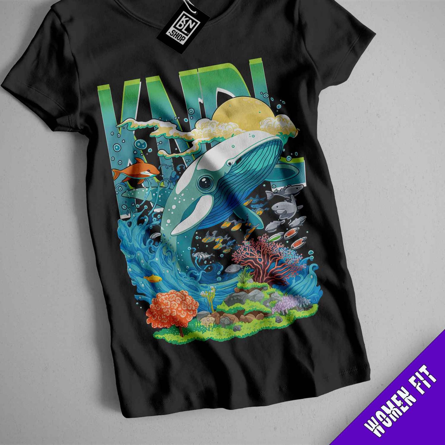 a t - shirt with a picture of a whale and fish