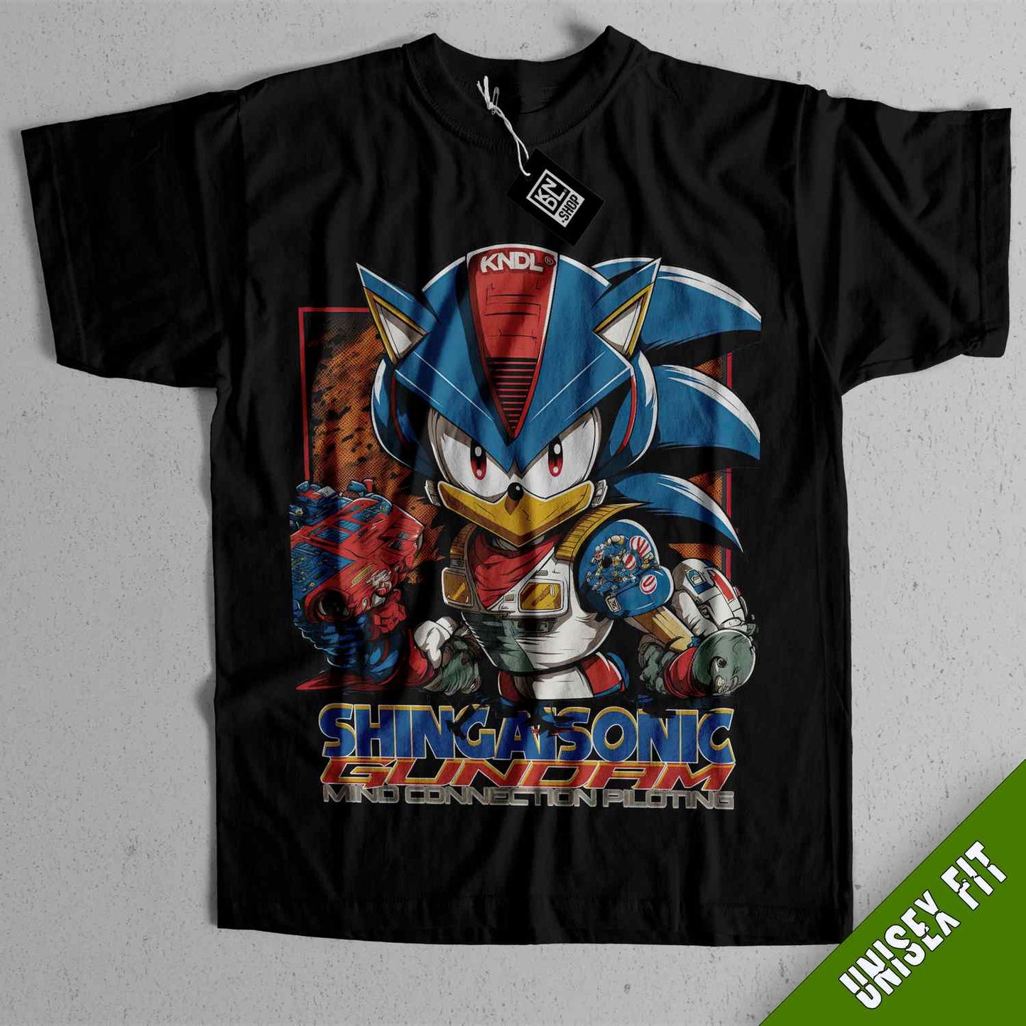 a black shirt with a sonic the hedge character on it