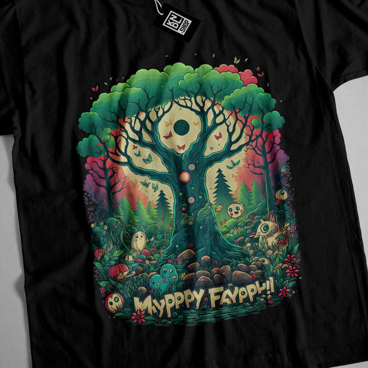 a black t - shirt with an image of a tree in the middle of it