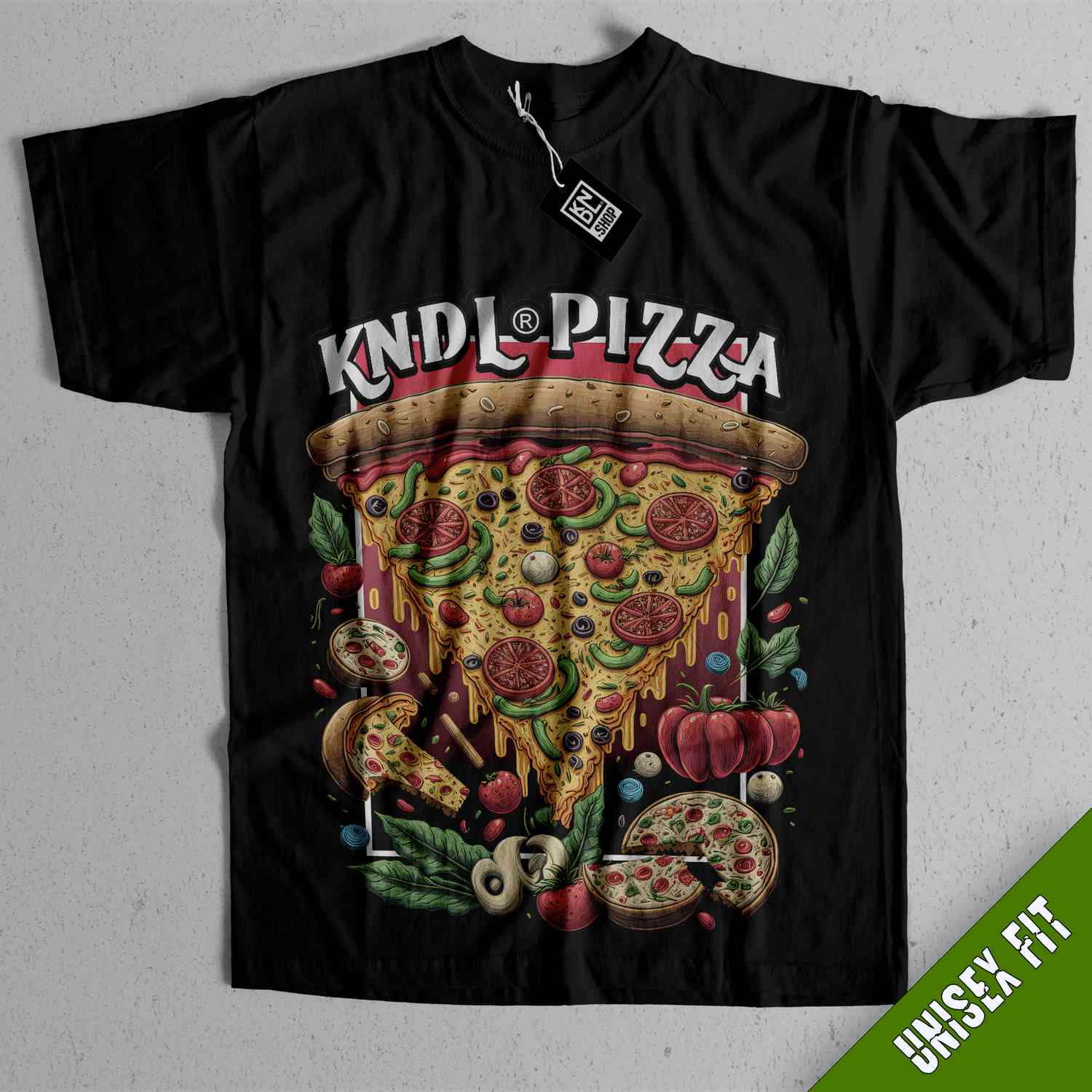 a black shirt with a picture of a pizza on it