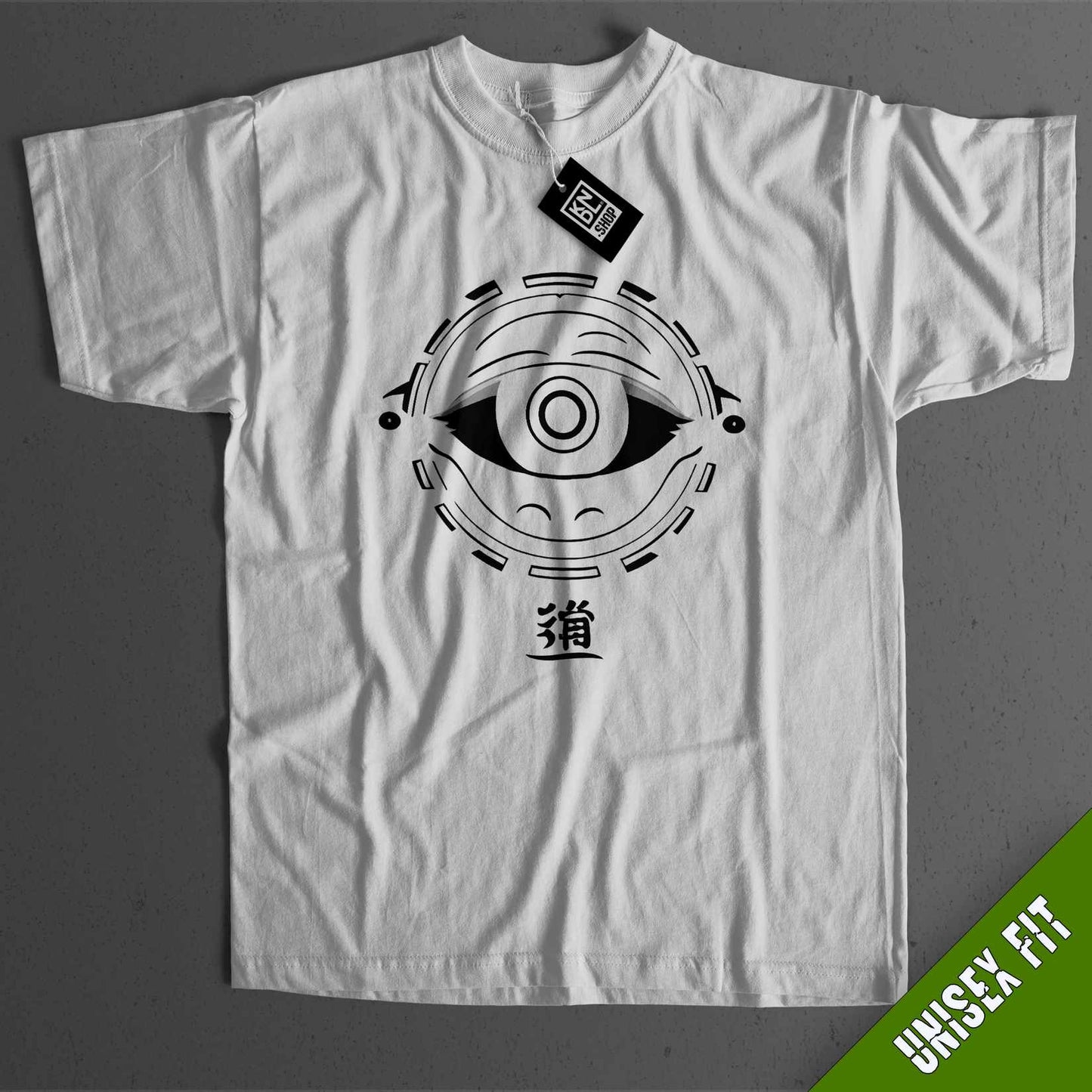 a white t - shirt with an eye on it