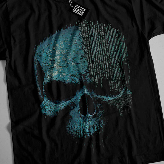 a black t - shirt with a blue skull on it