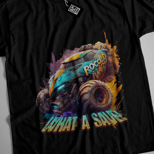 a black shirt with a blue monster truck on it