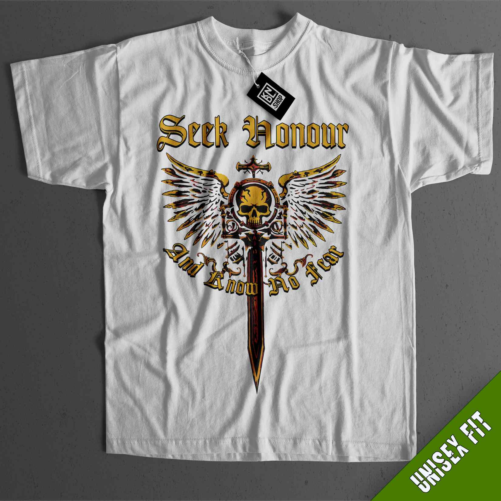 a white shirt with a sword and wings on it